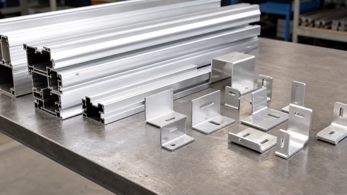 Aluminum solar racking extrusions and formed brackets arranged on a fabrication bench