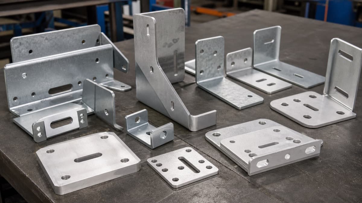 Laser-cut and press-brake formed solar mounting brackets and slotted plates on a shop table