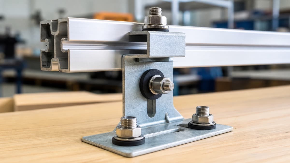 Bolted solar mounting joint with aluminum rail, galvanized bracket, stainless fastener, and dark isolation washers