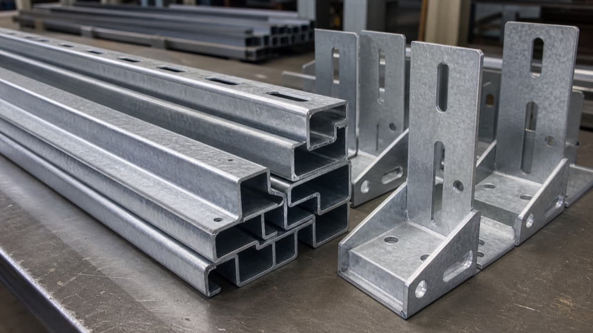 Galvanized solar racking rails and formed slotted brackets on an industrial workbench