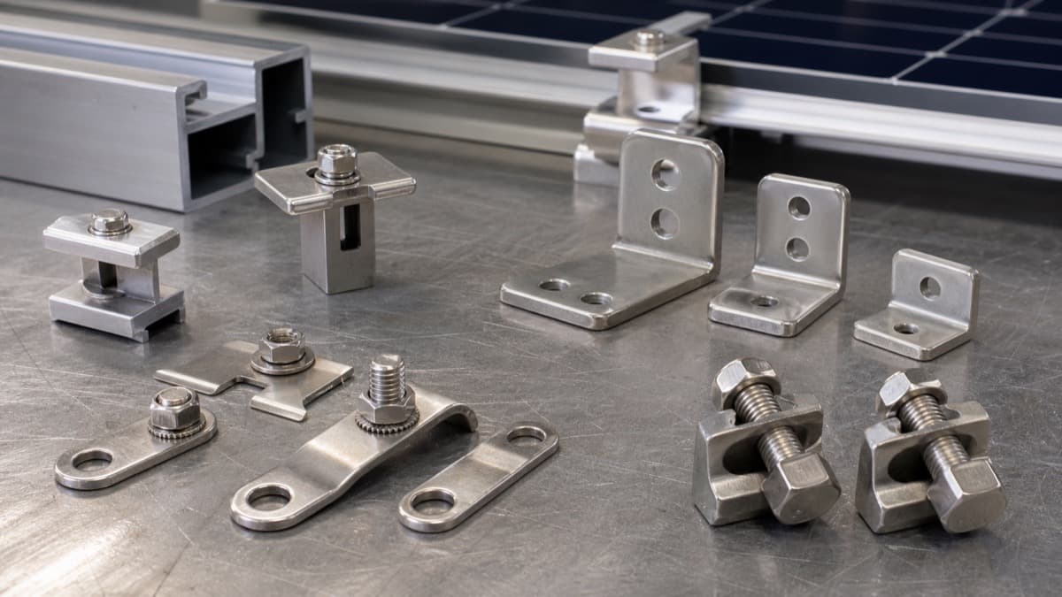 Stainless steel solar mounting clips, bonding lugs, brackets, bolts, and washers on a metal bench