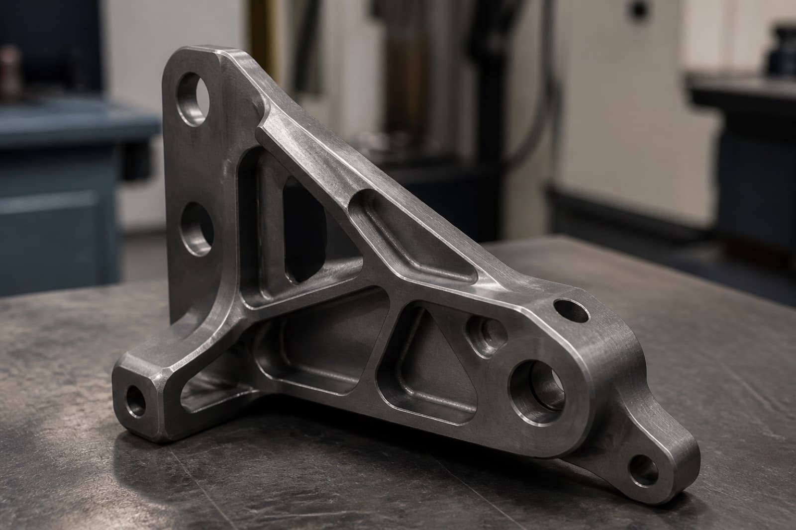 A CNC machined titanium bracket with pockets and fillets on a clean workbench.