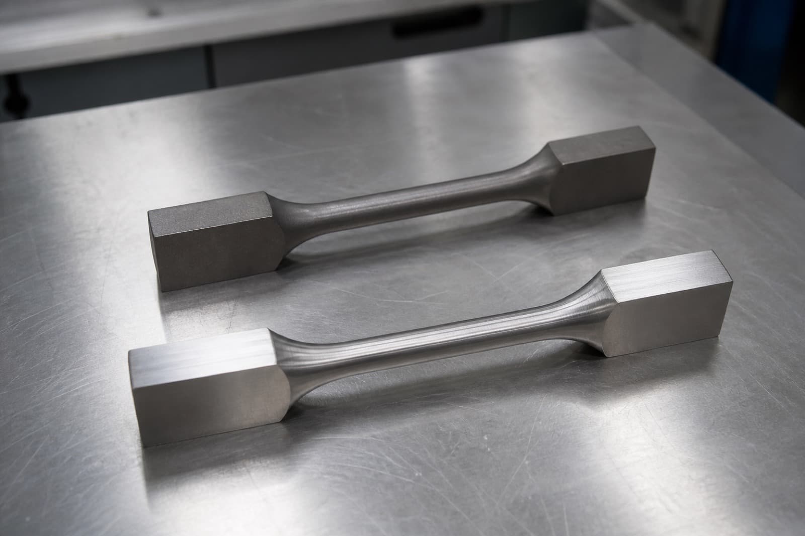 Two unmarked dogbone tensile test specimens on a lab bench: one titanium alloy and one steel.