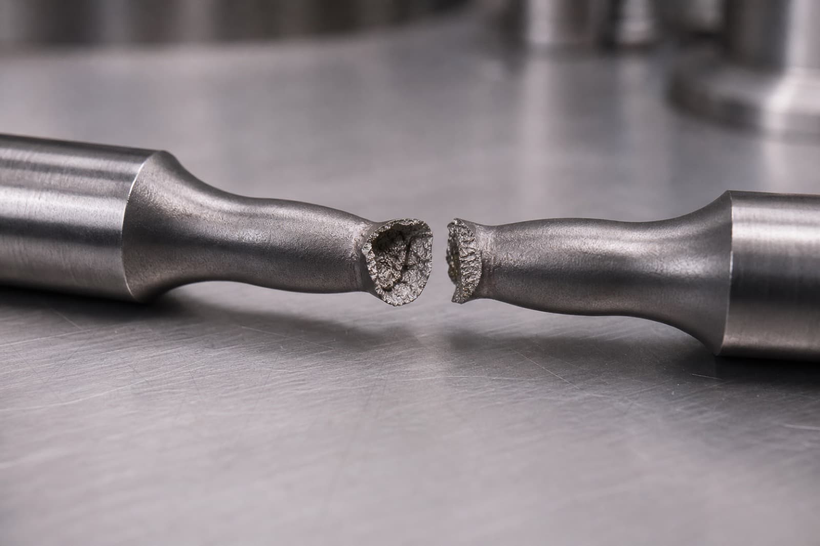 A broken titanium tensile specimen showing necking and a fracture surface on a lab bench.