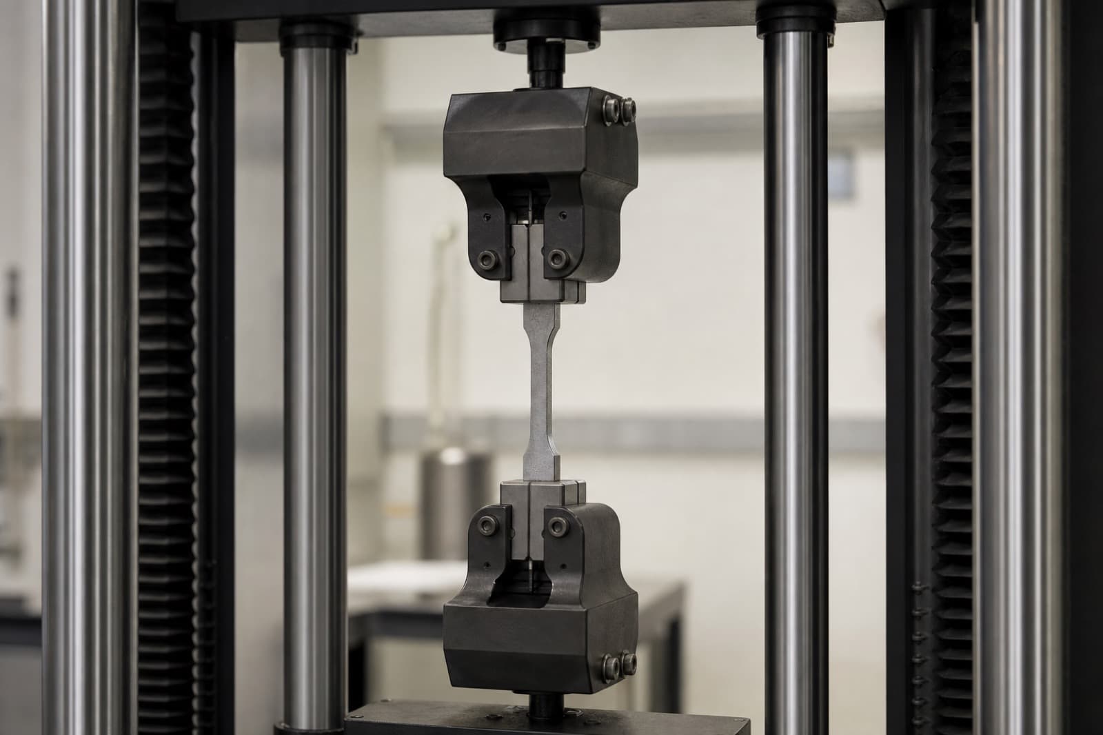 A universal testing machine gripping a metal tensile specimen in a clean lab setup.