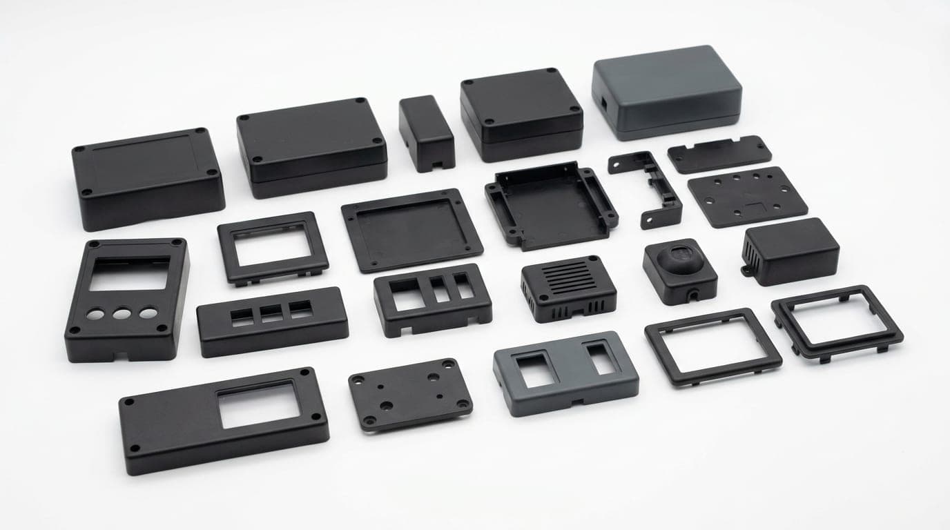 Assorted black plastic enclosure housings representing a bridge production pilot batch