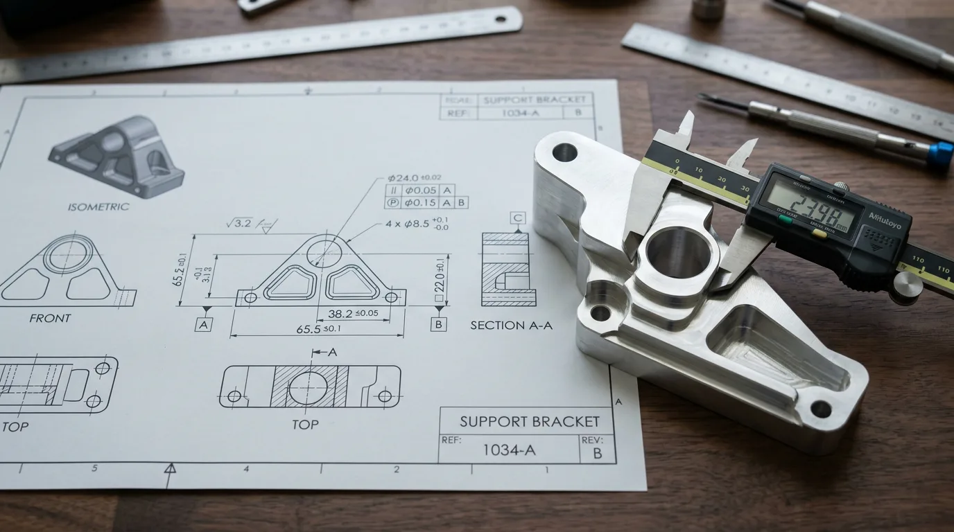 Engineering drawing and finished CNC part showing how tolerances are applied