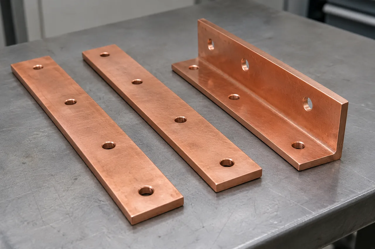 Illustration of three copper power-distribution busbars: two flat strips and one angle section, with circular connection holes.