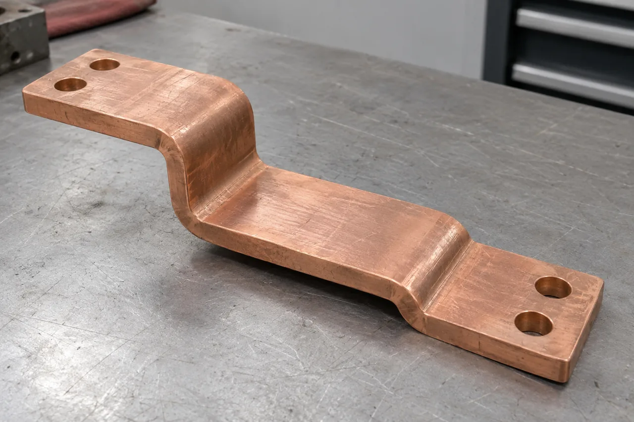 Bent busbar connection bar with mounting holes, a main offset and an additional shallow step near one end.