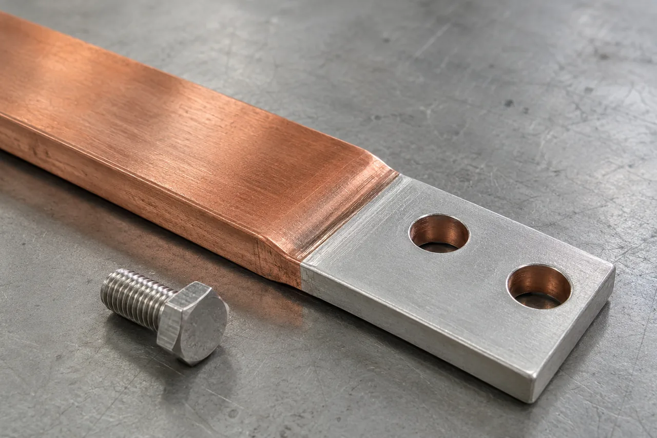 Busbar contact end with two connection holes, a contrasting surface finish and a separate bolt.