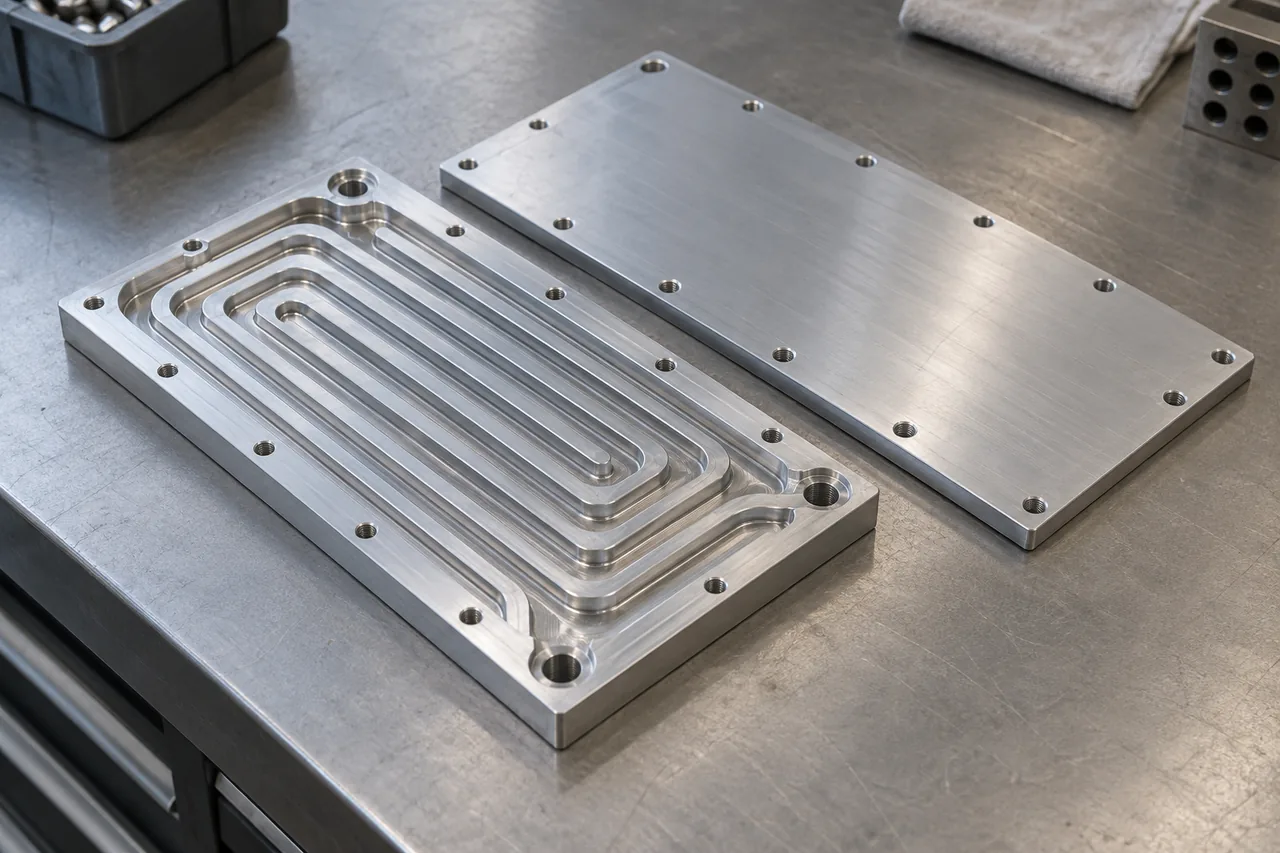 An open-channel machined plate with three large port openings and a separate cover. The visible view does not establish a single coolant flow path.