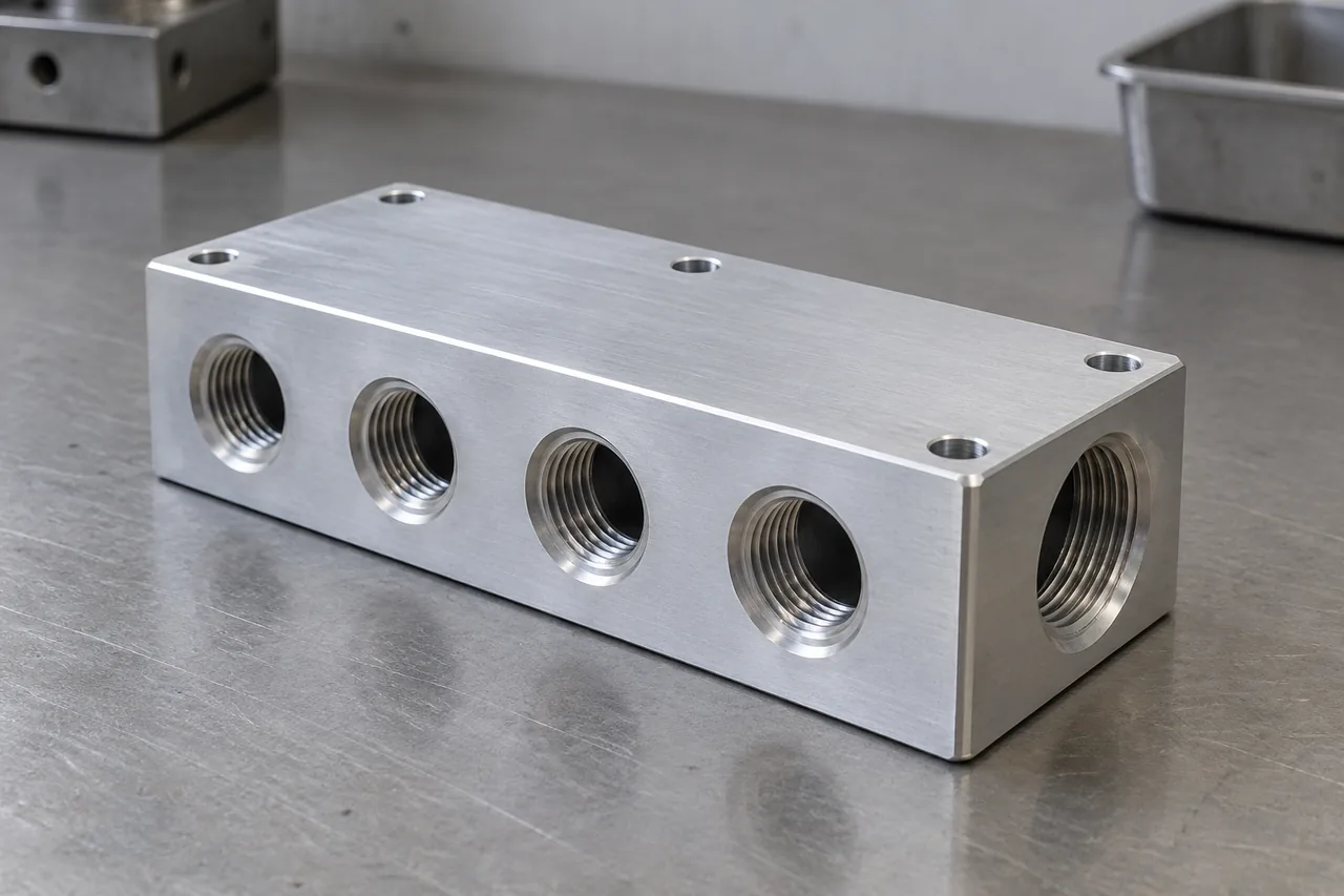 Machined cooling-manifold block with four threaded ports along one side and a larger port on the adjacent end.