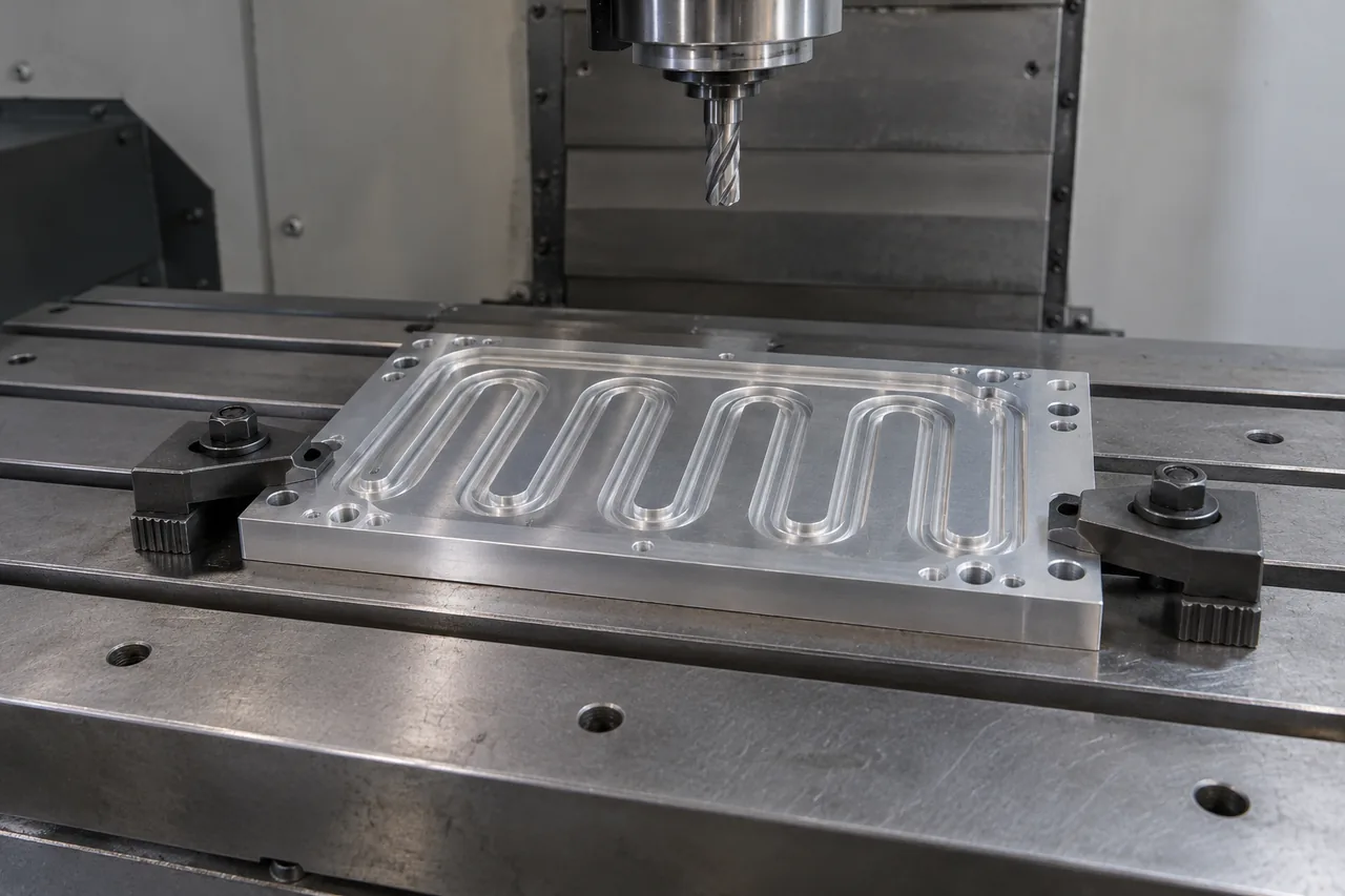 Cold-plate machining setup with an end mill raised above the channelled plate and two clamps positioned outside the channels.