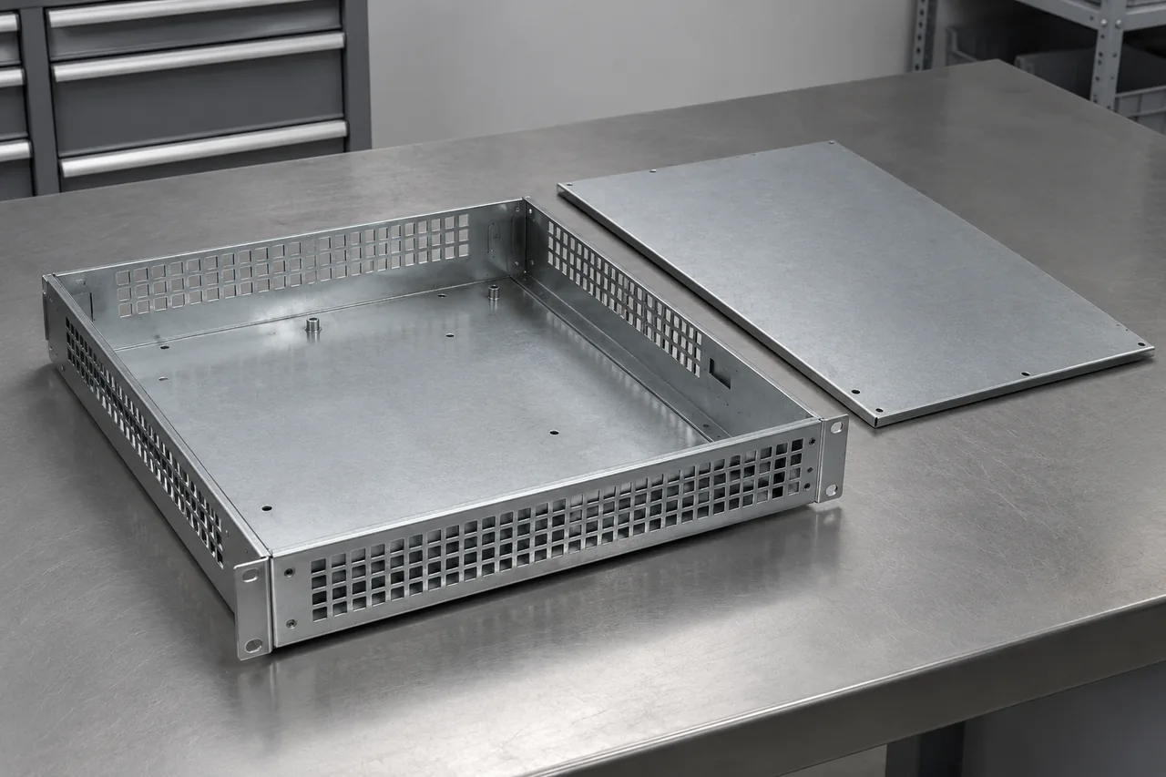 Folded sheet-metal server chassis with rectangular ventilation openings, formed edge flanges, fastener holes and a separate cover panel.