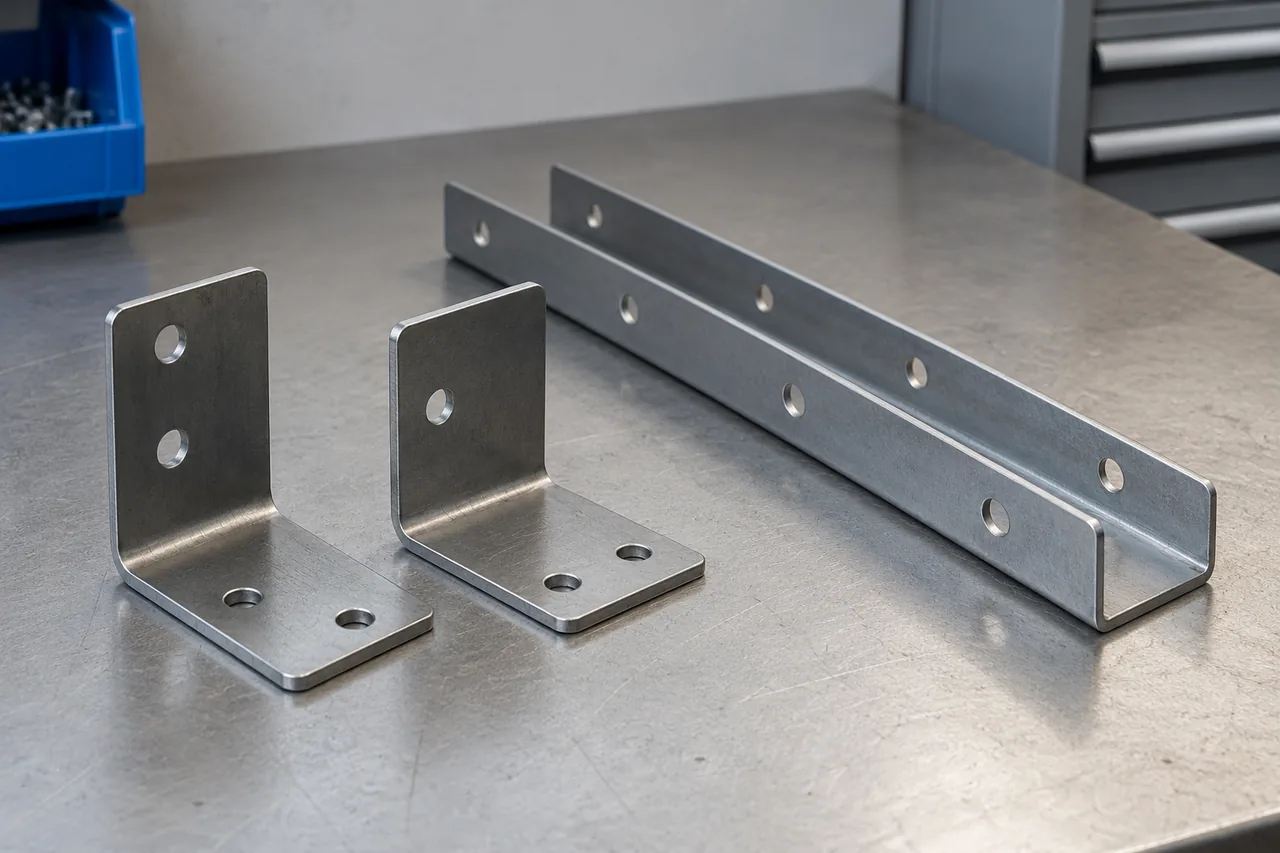 Two bent sheet-metal L brackets and a U-channel mounting rail with round mounting holes.