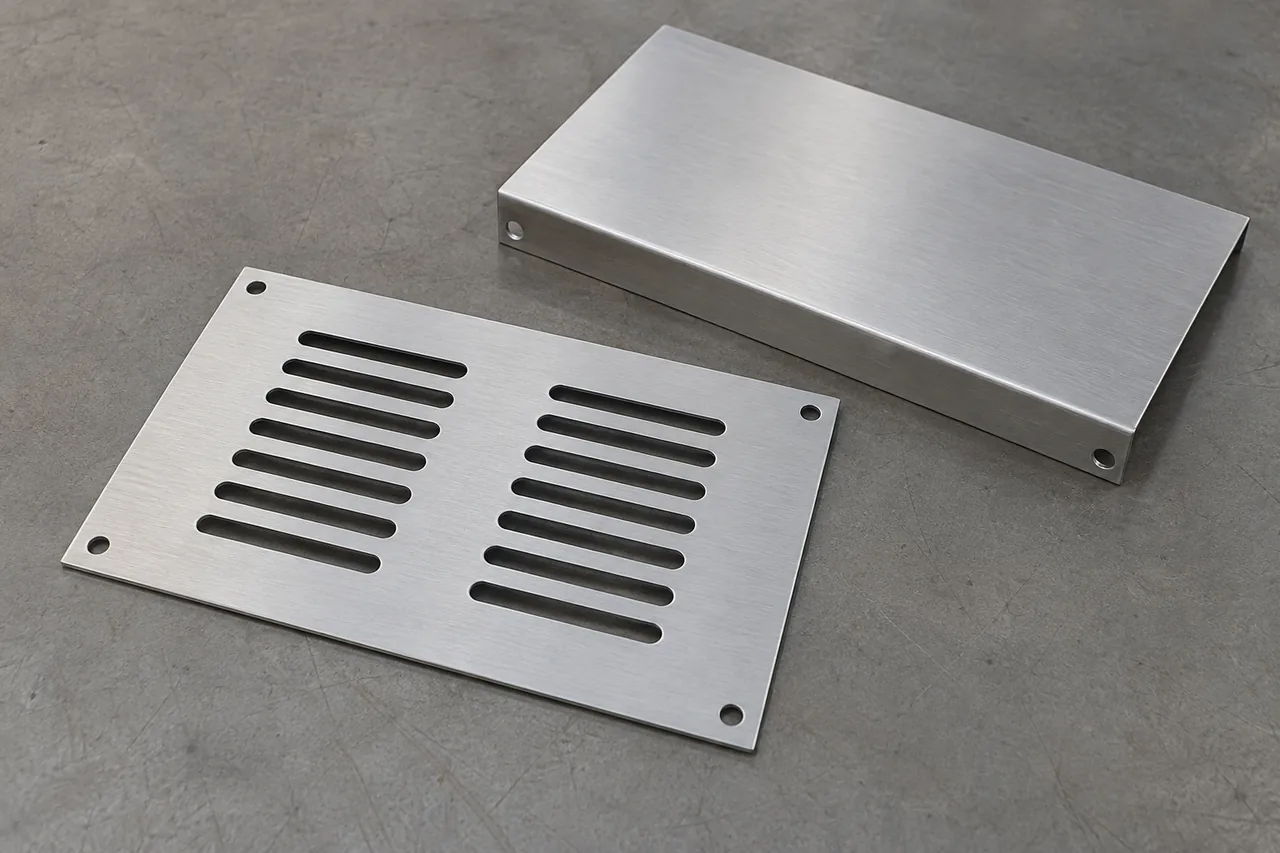 Slotted sheet-metal panel beside a folded cover.