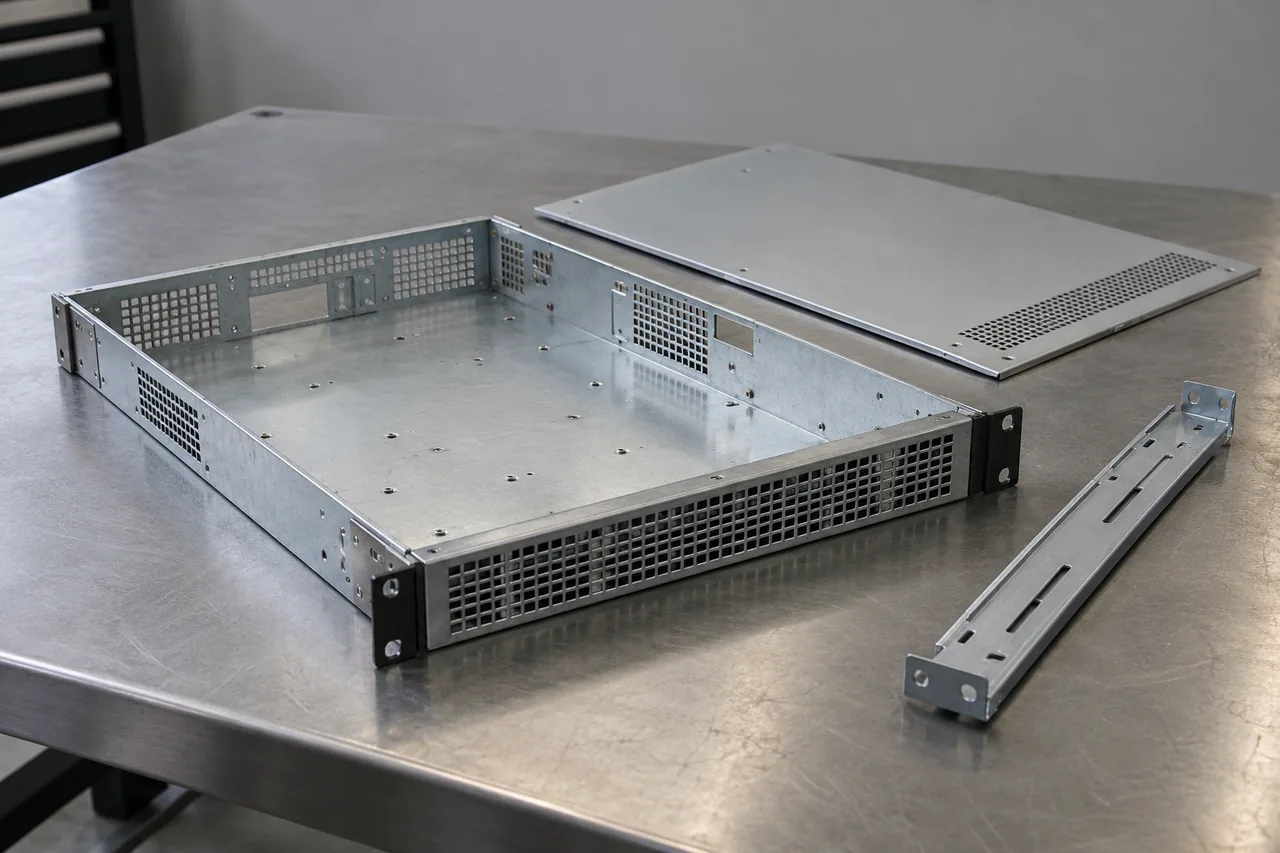 Rack-server chassis with formed sheet-metal walls, ventilation openings, fastener holes, a separate lid and a mounting rail.