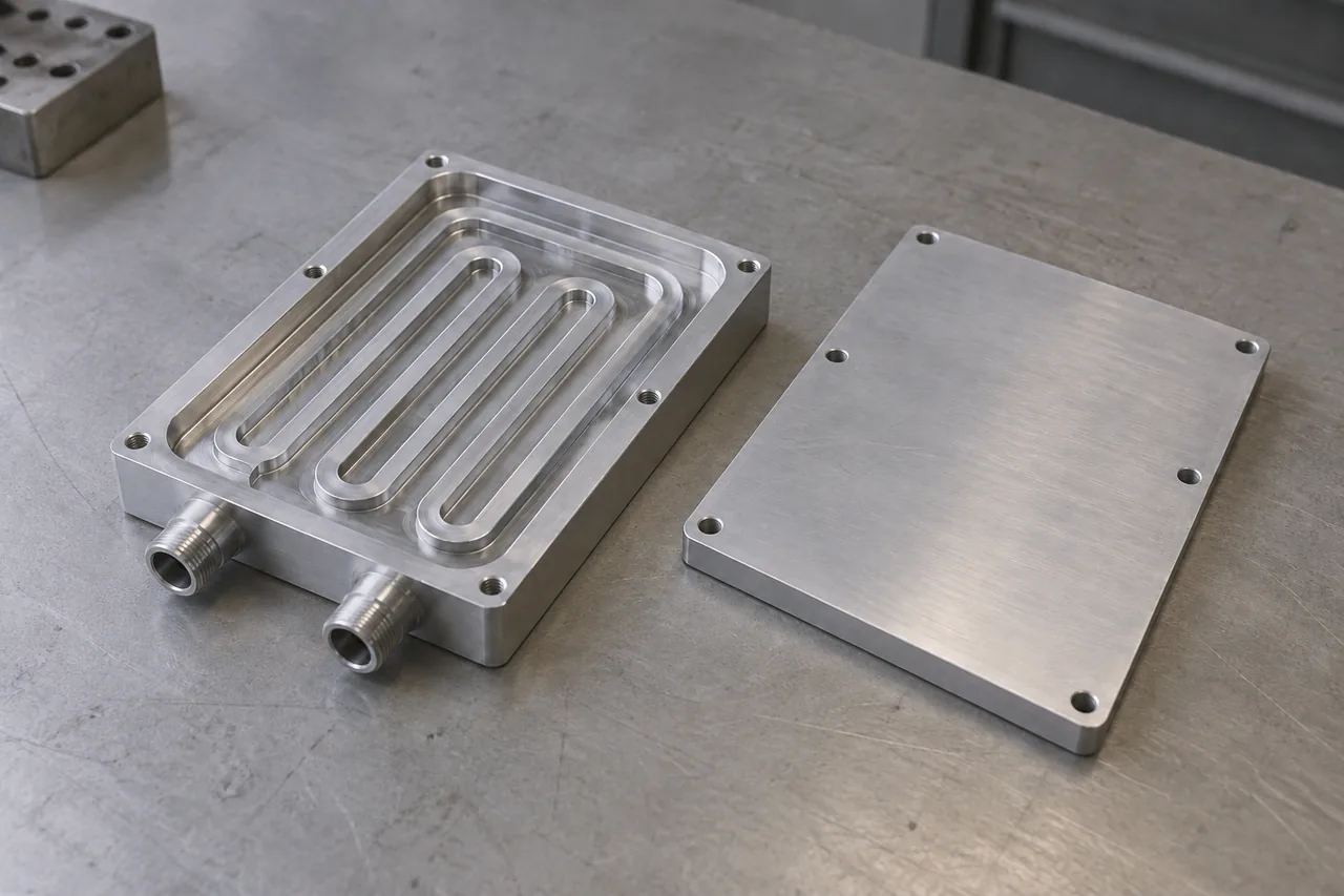 Machined cold-plate base with front fittings and a separate cover.