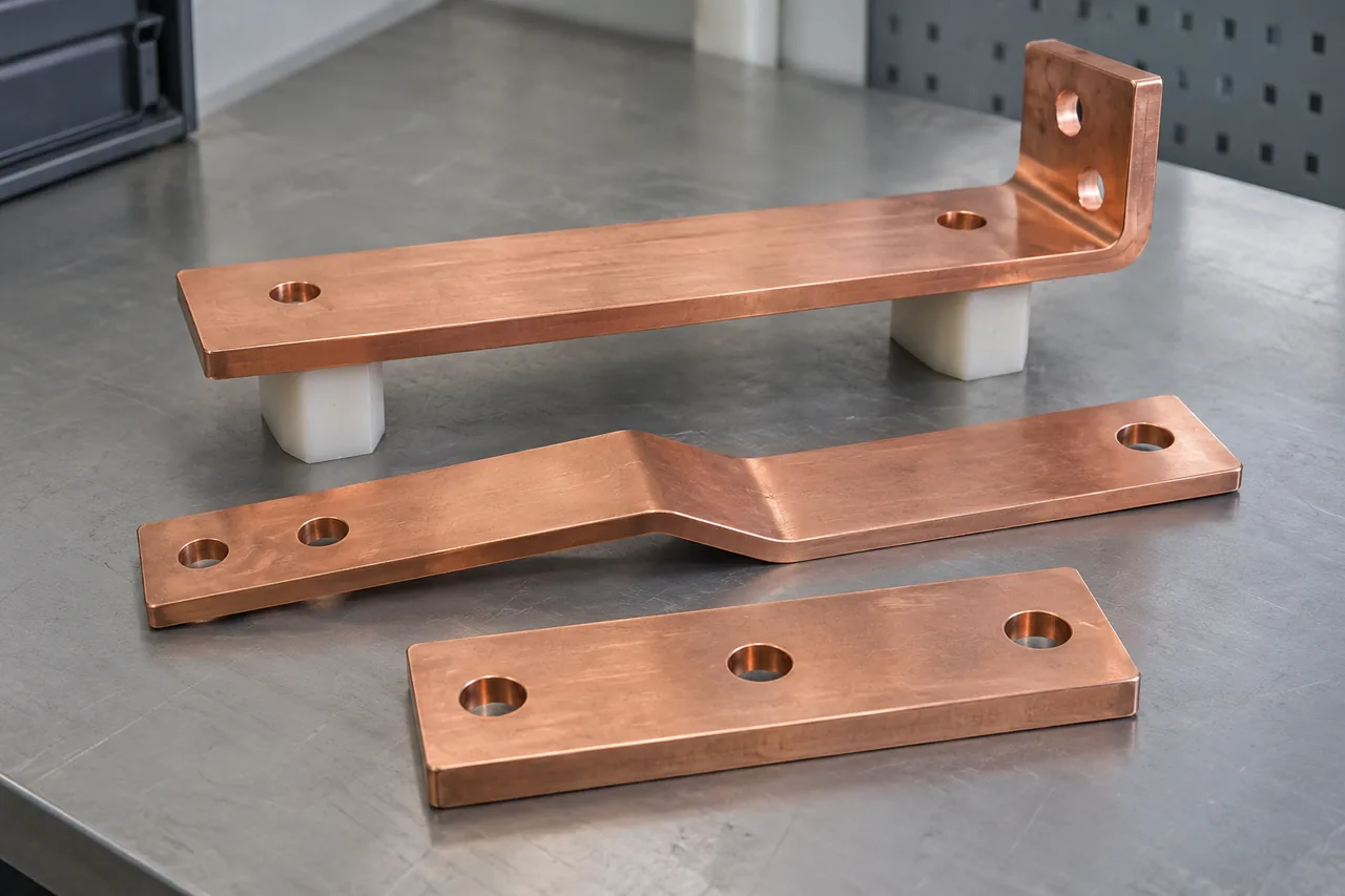 Illustration of three copper power-distribution busbars with distinct mounting-hole patterns and formed offsets; one bar rests on raised supports.