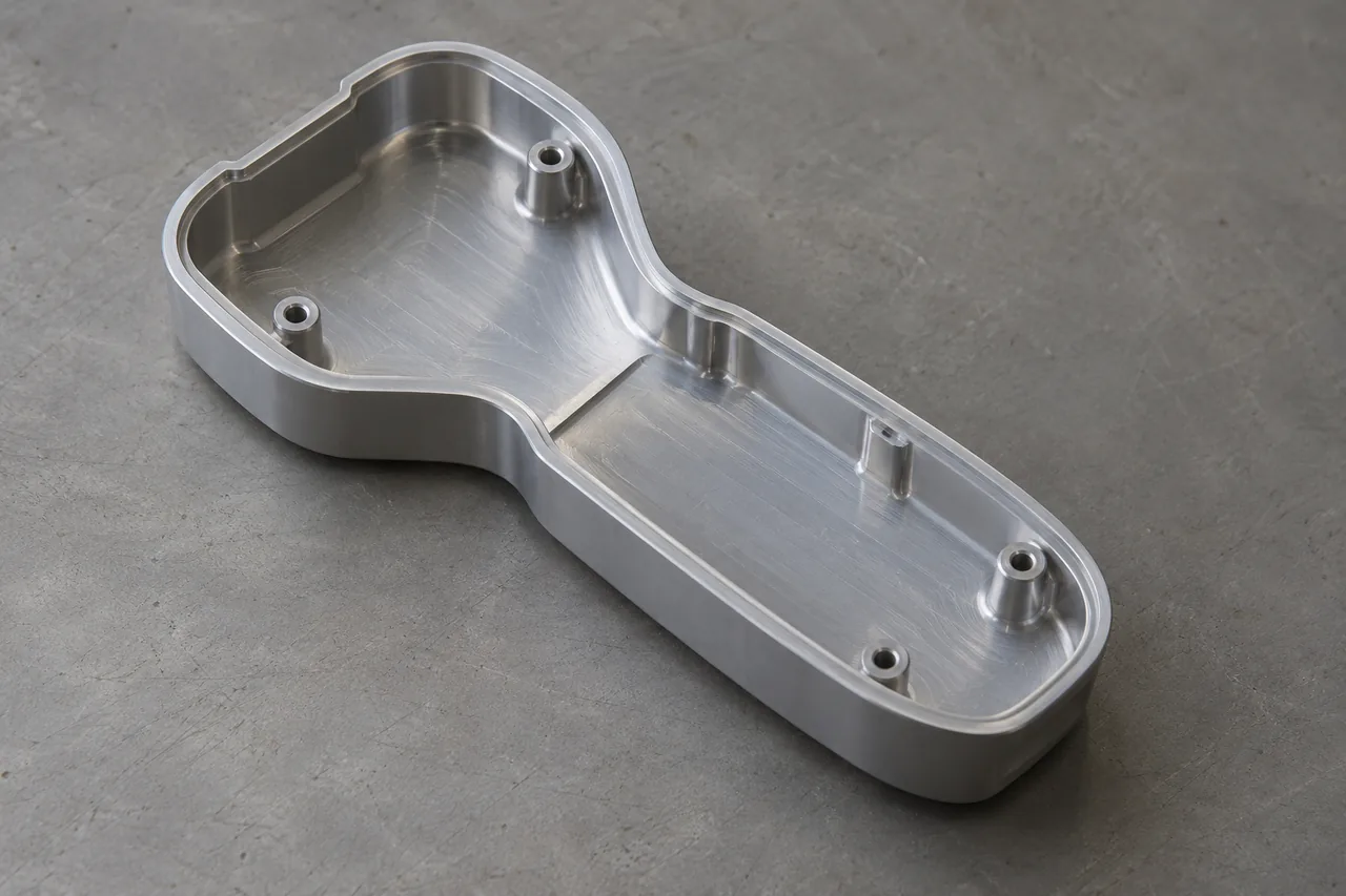 An open machined enclosure with five visible boss-like posts and a recessed perimeter lip.