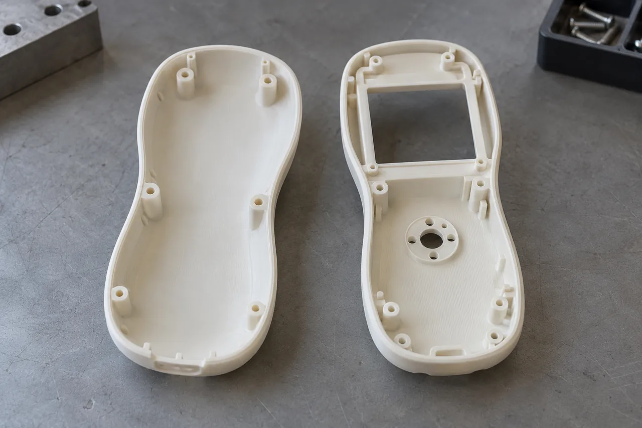 Illustration of two 3D-printed handheld enclosure shells with screw bosses, alignment features and a rectangular display opening.