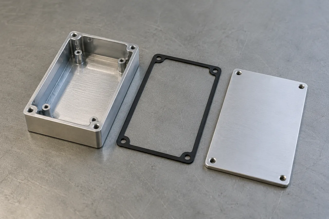 Enclosure body, gasket and lid laid out separately.