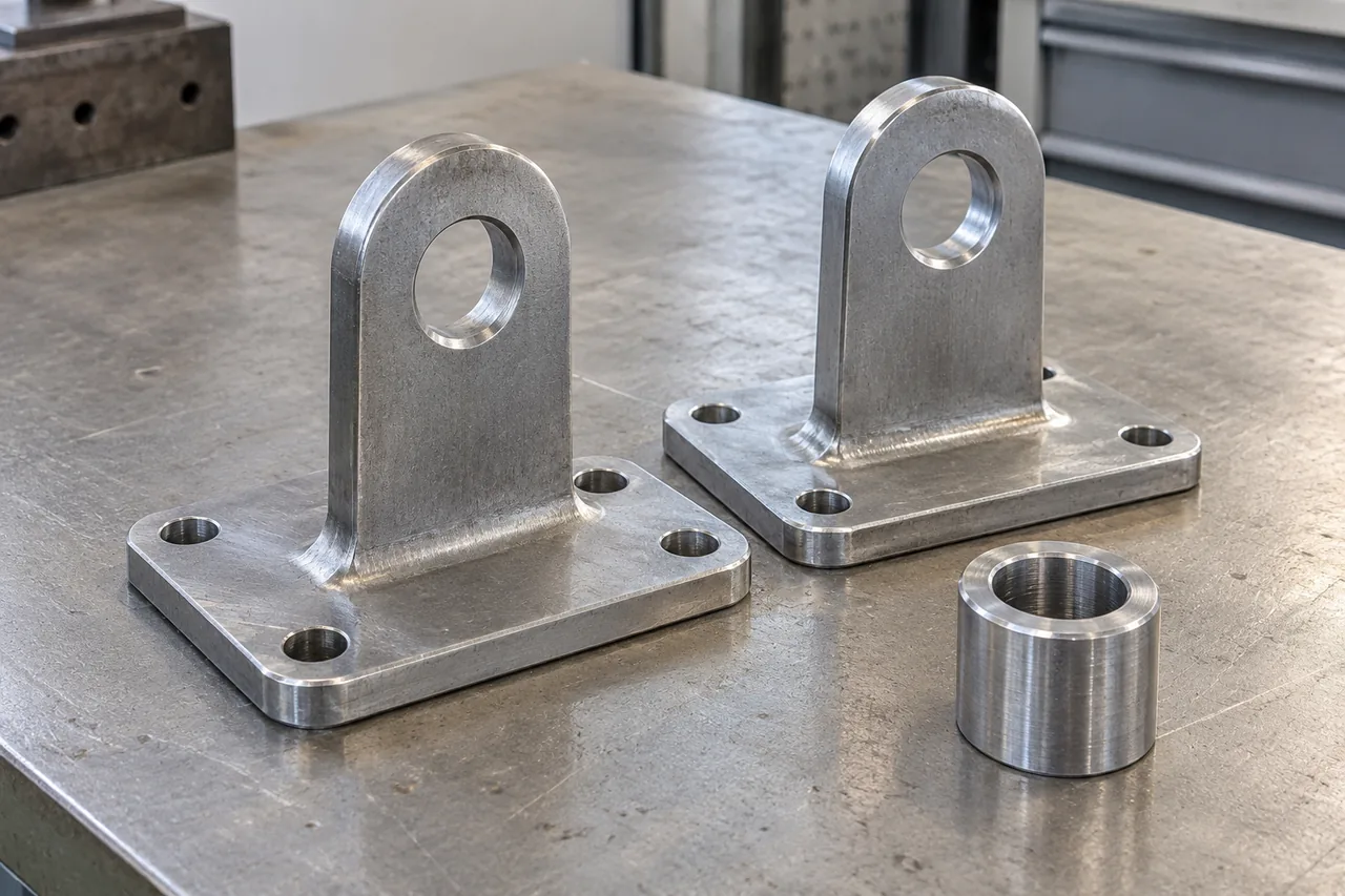 Two lug brackets with circular bores and mounting-hole bases, beside a turned cylindrical sleeve.