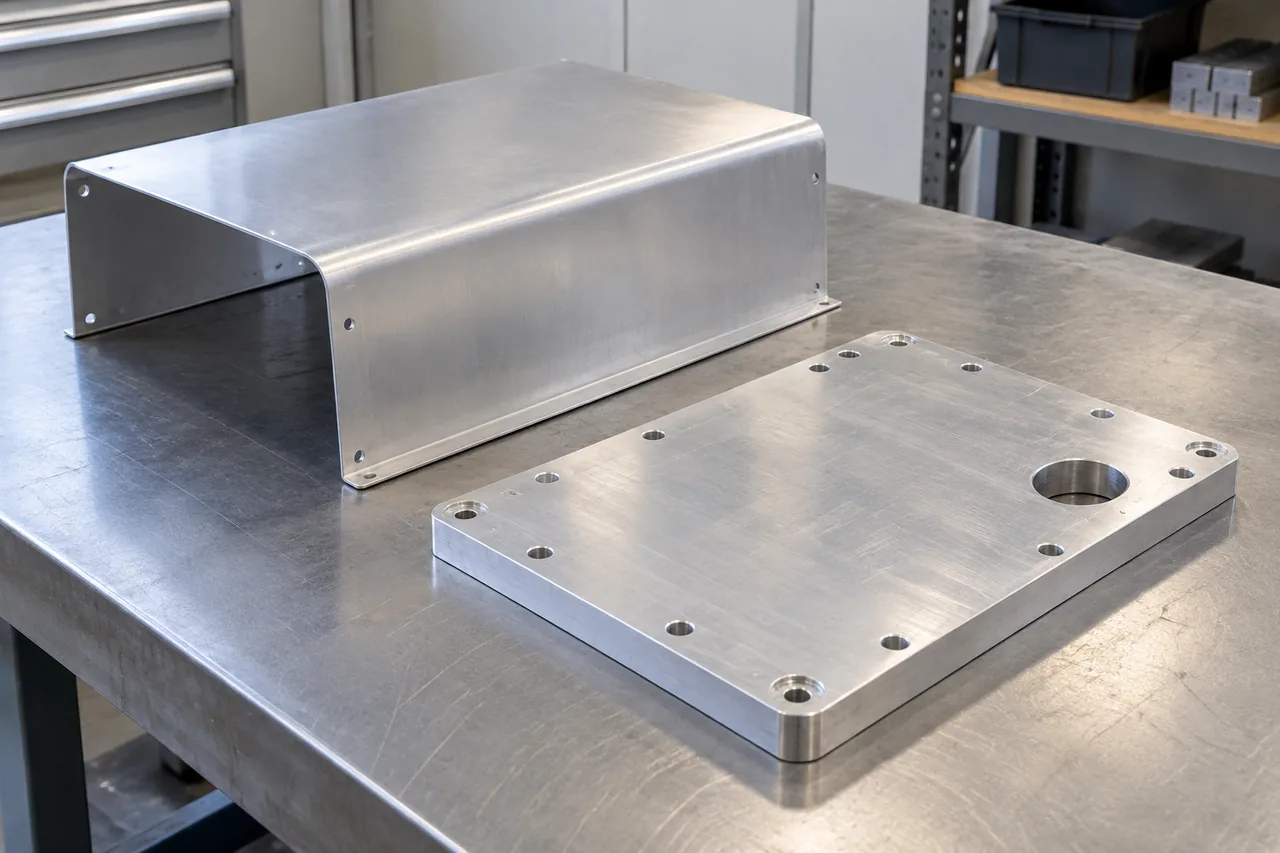 Folded sheet-metal cover beside a machined mounting plate with perimeter mounting holes and a large circular opening.