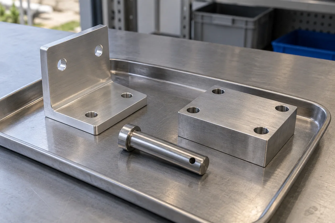 L bracket, rectangular mounting block and turned retaining pin with a transverse hole, arranged on a tray.