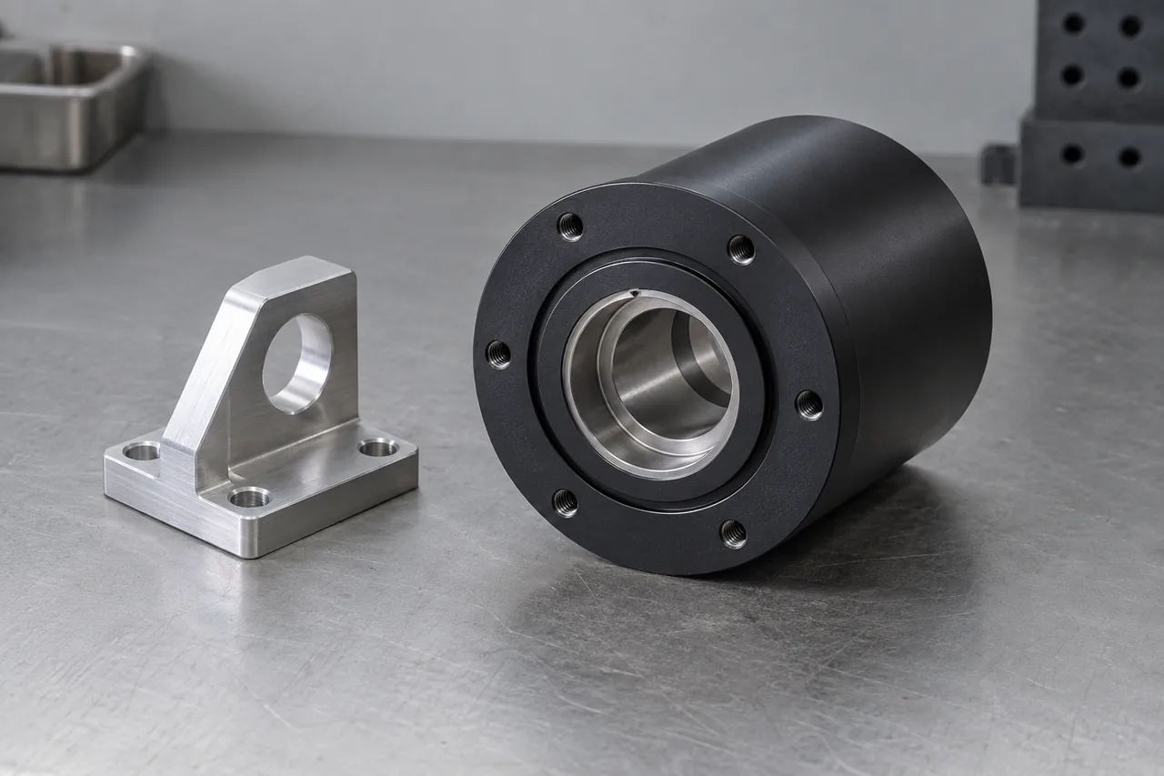 Actuator housing with a stepped bore, a mounting flange and six mounting holes, beside a machined mounting bracket.