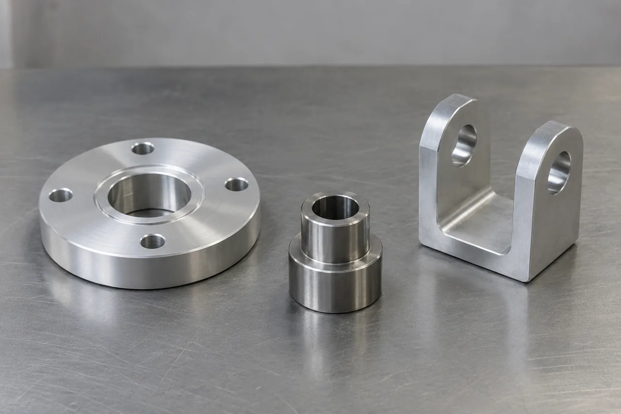 Robot-joint hardware: a machined flange with a central bore, a turned shoulder spacer and a U-shaped pivot bracket with holes through its ears.