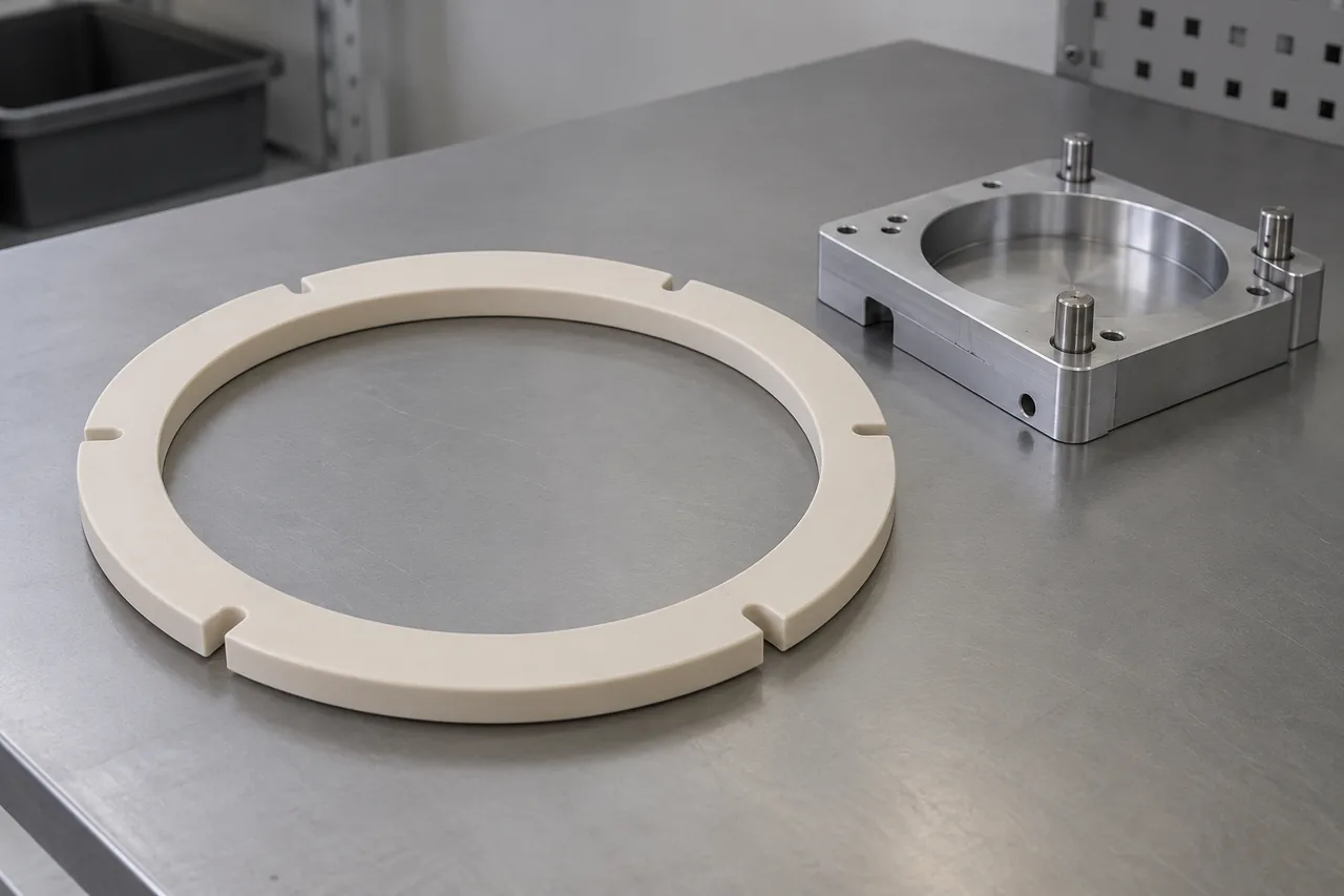 Support ring with peripheral notches beside a machined fixture block with a circular pocket and locating pins.