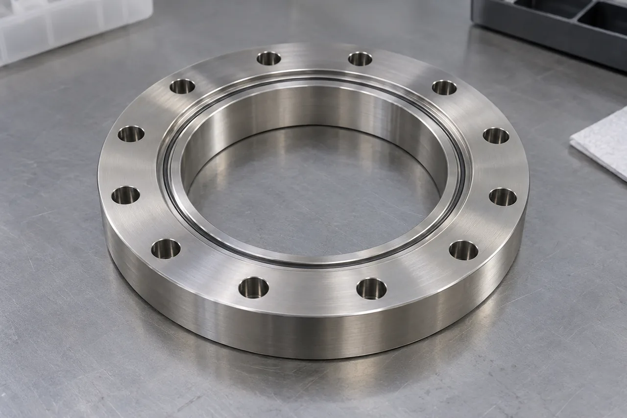 Vacuum-chamber flange with a central bore, twelve perimeter bolt holes and an annular groove.