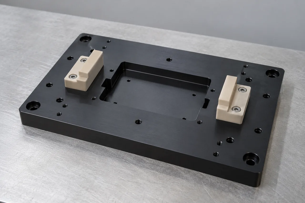 Machined fixture plate with a rectangular locating pocket, mounting holes and two screw-mounted locating blocks.