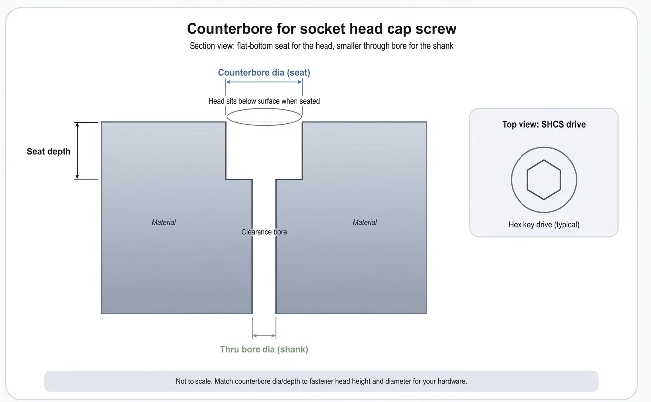 Cross-section diagram of a counterbore pocket and through bore for a socket head cap screw, with seat dimensions and hex drive inset